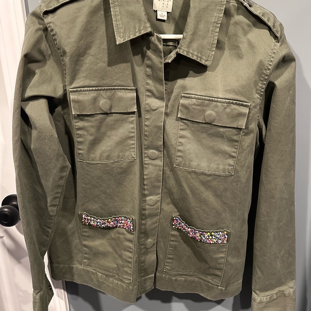 Women's Olive Green Jacket with Floral Accents